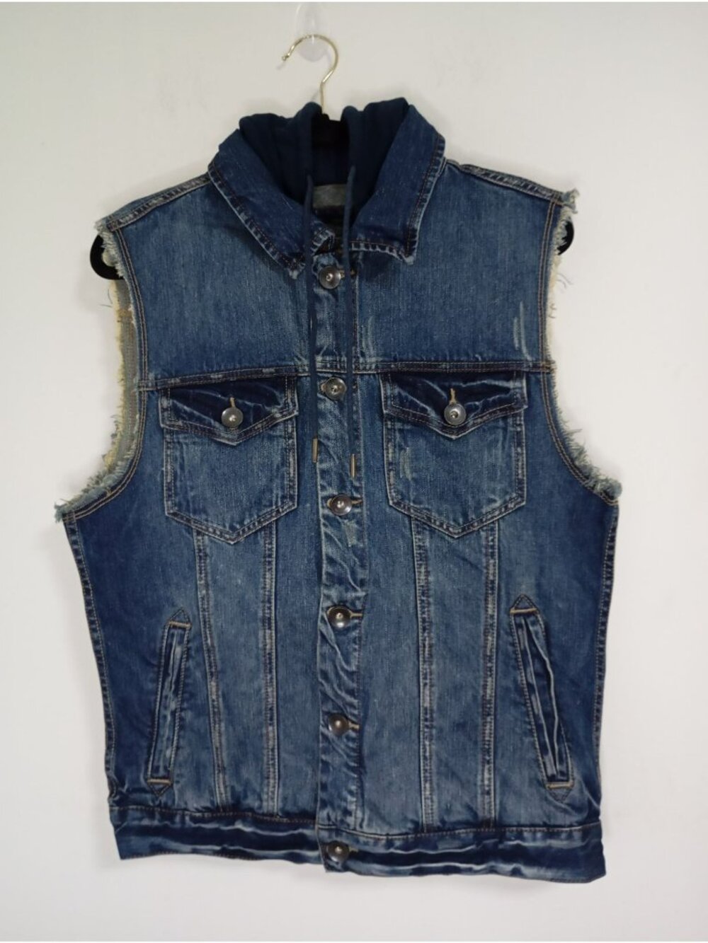 21 Men Los Angeles Denim Vest With Hood Sleeveless Large Blue Distressed Look